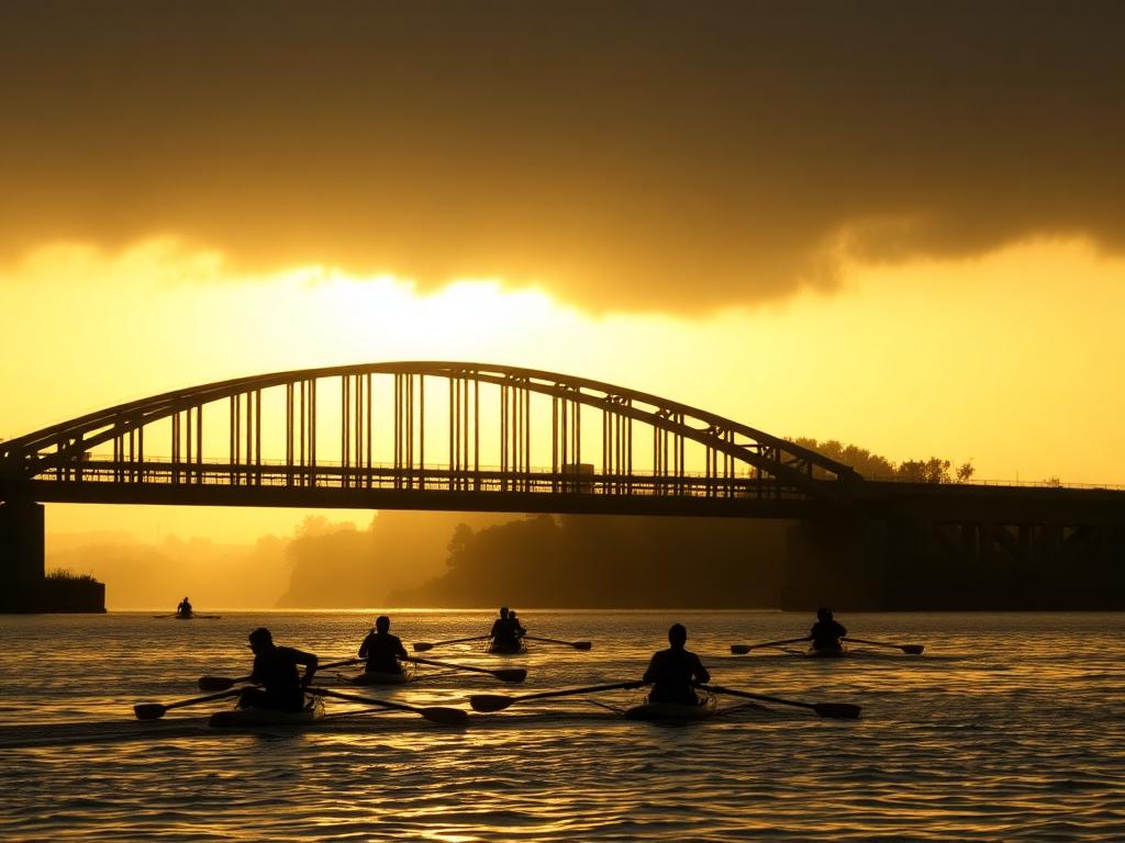 Rowers silhouetted at sunrise near the 240 bridge