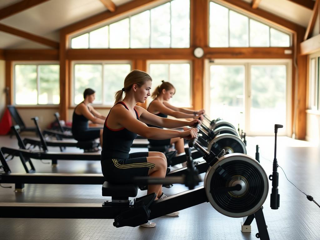 Beginners practicing the stroke on rowing machines