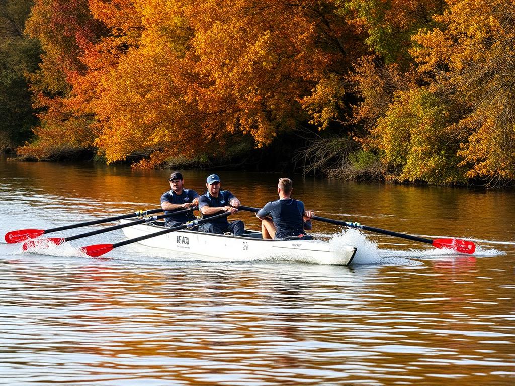 An eight racing during a fall head race