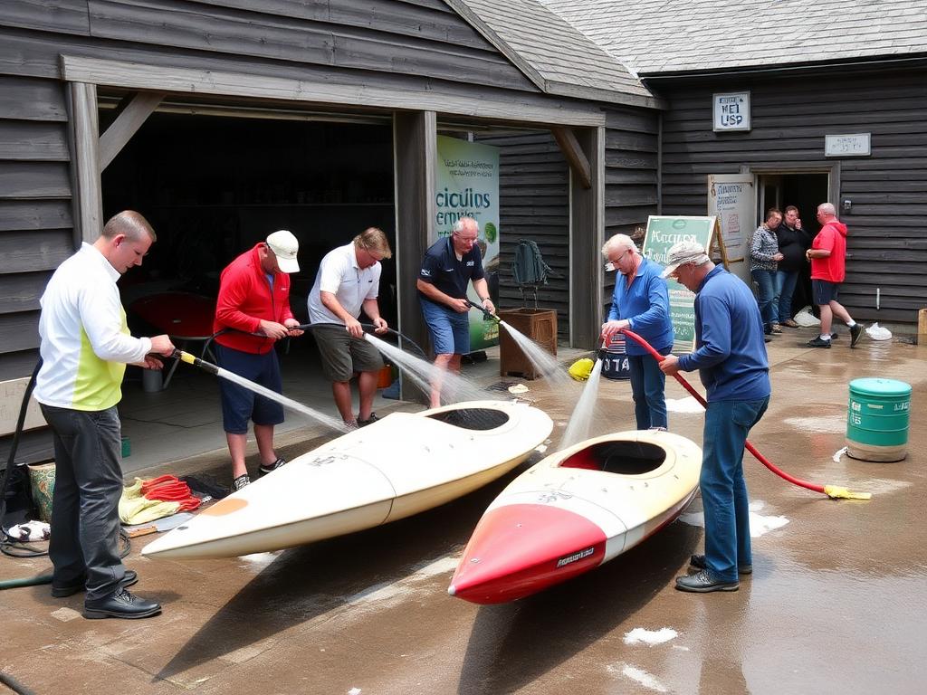 Club members washing racing shells outside the boathouse