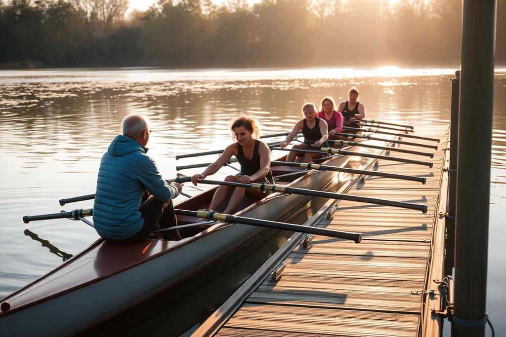 Coach teaching new rowers at the dock during a Learn to Row session