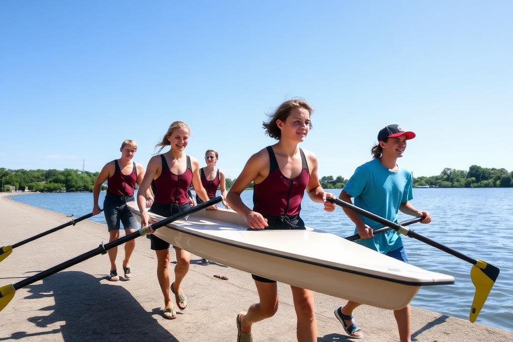 Teen campers carrying a single scull to the water